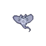 Pixel art blue manta ray-like creature with a white underbelly, floating against a black background.