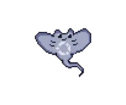Pixel art blue manta ray-like creature with a white underbelly, floating against a black background.
