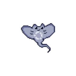 Pixel art blue manta ray-like creature with a white underbelly, floating against a black background.