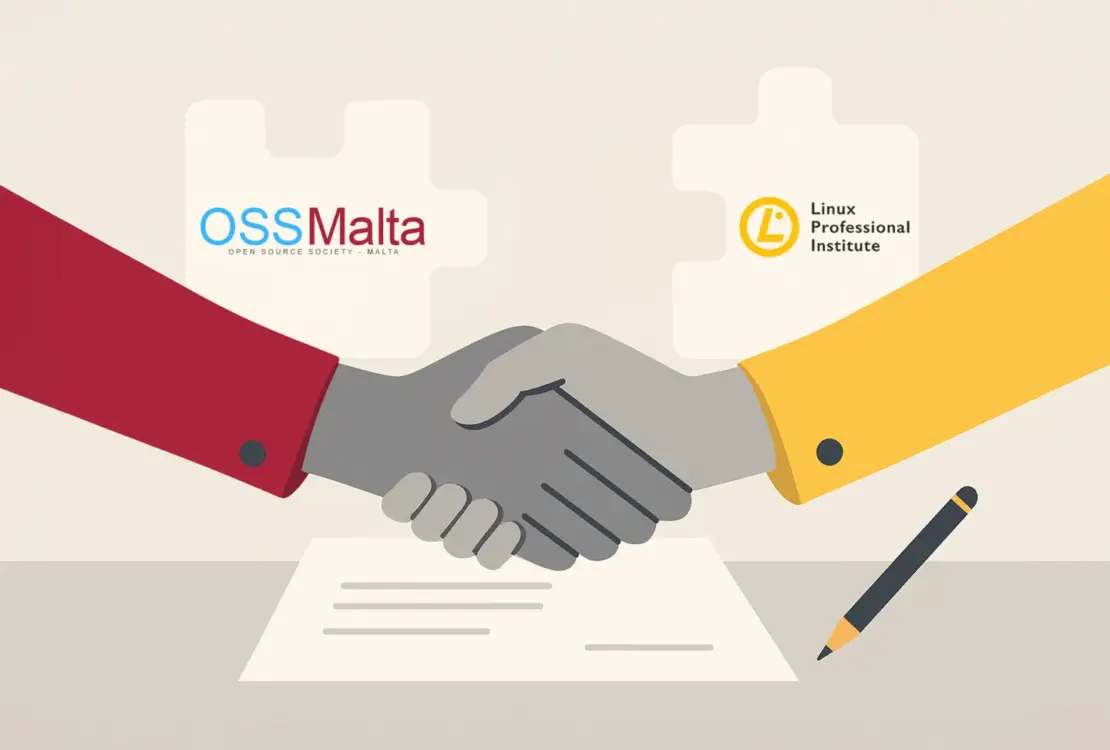 Two hands shake over a signed document, with OSS Malta and Linux Professional Institute logos in the background, symbolizing a partnership.