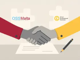 Two hands shake over a signed document, with OSS Malta and Linux Professional Institute logos in the background, symbolizing a partnership.