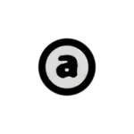 Circular white logo with a stylized black 'a' in the center on a black background
