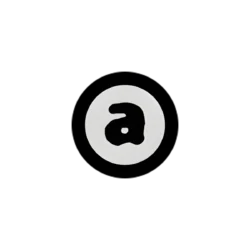 Circular white logo with a stylized black 'a' in the center on a black background