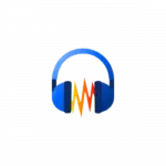 Blue over-ear headphones surrounding an orange audio waveform in the center, on a dark background.