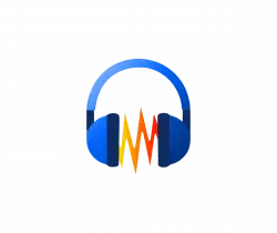 Blue headphones encircle an orange heartbeat waveform on a black background, suggesting audio/health monitoring.