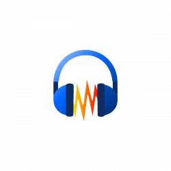 Blue headphones encircle an orange heartbeat waveform on a black background, suggesting audio/health monitoring.