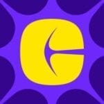 Logo: yellow rounded-square with a stylized purple 'G' on a vivid purple starburst background.