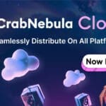 Branding for CrabNebula Cloud on a space-themed background with floating cloud icons, a crab, and a 'Now FREE' badge; tagline reads 'Seamlessly Distribute On All Platforms.'
