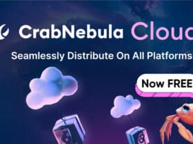Branding for CrabNebula Cloud on a space-themed background with floating cloud icons, a crab, and a 'Now FREE' badge; tagline reads 'Seamlessly Distribute On All Platforms.'
