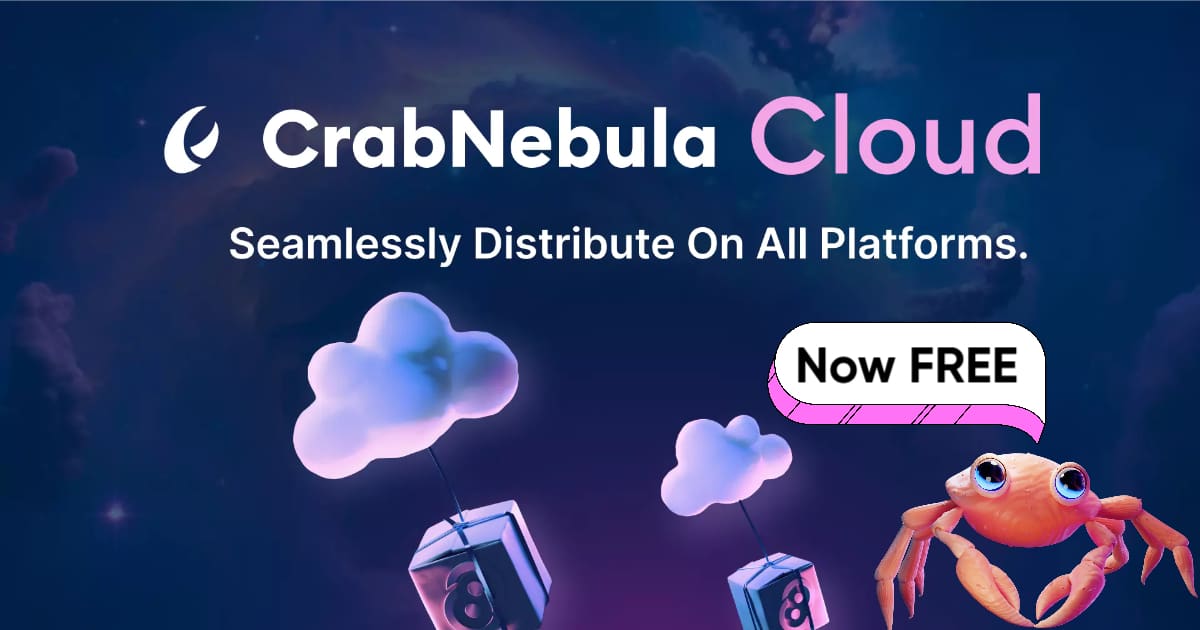 cloud-free - Open Source Society Malta Branding for CrabNebula Cloud on a space-themed background with floating cloud icons, a crab, and a 'Now FREE' badge; tagline reads 'Seamlessly Distribute On All Platforms.'