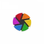 Colorful circular camera shutter logo on black background, rainbow pie-slice segments forming a ring.