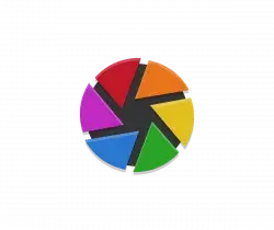 Colorful circular camera shutter logo on black background, rainbow pie-slice segments forming a ring.