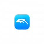 Blue rounded-square app icon with a black dolphin silhouette centered on a gradient blue background.