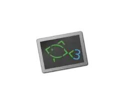 Tablet displaying a green code symbol (angle brackets with slash) on a dark screen, rotated slightly. The image conveys coding or programming on a tablet.