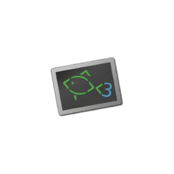 Tablet displaying a green code symbol (angle brackets with slash) on a dark screen, rotated slightly. The image conveys coding or programming on a tablet.