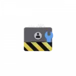 Icon for maintenance: a gear and wrench with a user avatar on a striped caution panel.