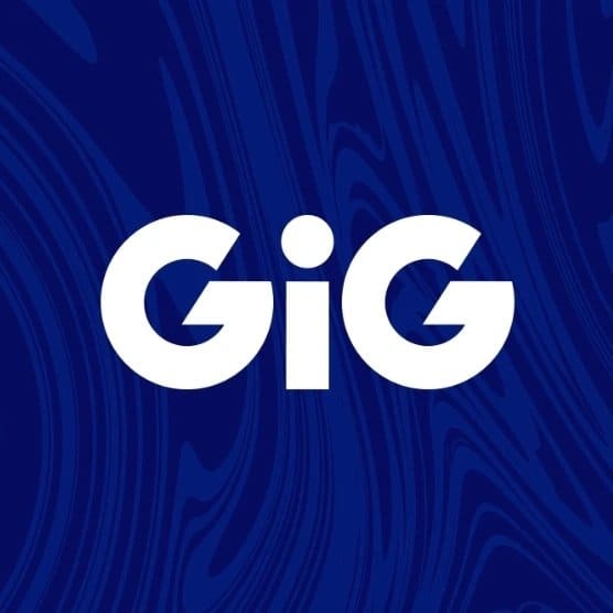 White GiG logo on a dark blue textured background (woodgrain pattern).