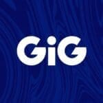 GiG logo in white on a blue wood-textured background
