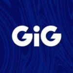 White GiG logo on a deep blue wood-grain textured background.