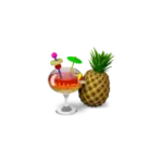 Tropical cocktail in a stemmed glass with a pink umbrella and fruit garnish, beside a pineapple.