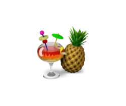 Tropical cocktail in a stemmed glass with a pink umbrella and fruit garnish, beside a pineapple.