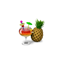 Tropical cocktail in a stemmed glass with a pink umbrella and fruit garnish, beside a pineapple.