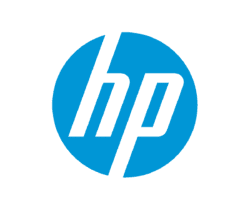 HP brand logo on a blue circular background.