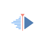 Logo-style icon featuring a blue right-pointing play triangle, a vertical red divider with a pink apex on top, and blue left-side audio-wave bars resembling a speaker against a black background.
