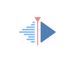 Logo-style icon featuring a blue right-pointing play triangle, a vertical red divider with a pink apex on top, and blue left-side audio-wave bars resembling a speaker against a black background.