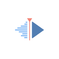 Logo-style icon featuring a blue right-pointing play triangle, a vertical red divider with a pink apex on top, and blue left-side audio-wave bars resembling a speaker against a black background.
