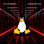 Linux penguin (Tux) stands in a red-lit data center with warning panels about a system breach nearby,