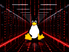 Linux penguin (Tux) stands in a red-lit data center with warning panels about a system breach nearby,