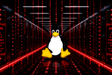 Linux penguin (Tux) stands in a red-lit data center with warning panels about a system breach nearby,