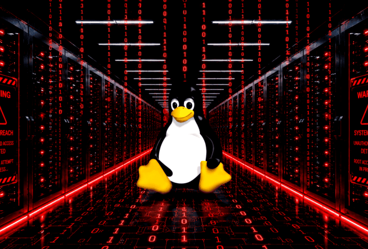 Linux penguin (Tux) stands in a red-lit data center with warning panels about a system breach nearby,