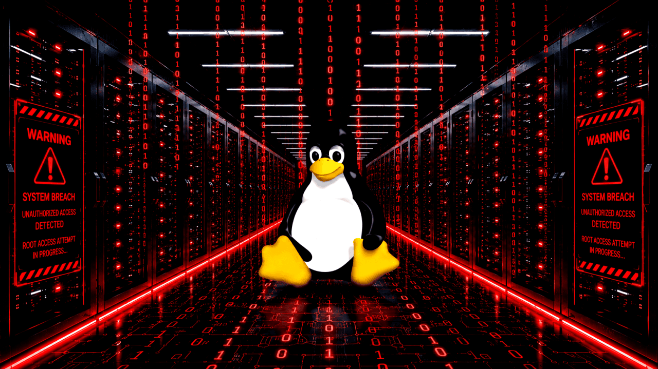 linux-vuln - Open Source Society Malta Linux penguin (Tux) stands in a red-lit data center with warning panels about a system breach nearby,