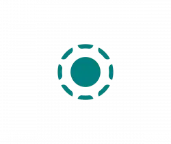 Teal circular emblem with six outward segments surrounding a central circle on a black background.