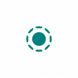 Teal circular emblem with six outward segments surrounding a central circle on a black background.