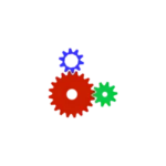 Three interlocking gears—large red gear connected to a blue gear above and a small green gear to the right—on a dark background.