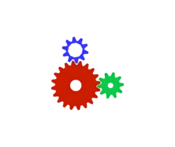 Three interlocking gears—large red gear connected to a blue gear above and a small green gear to the right—on a dark background.