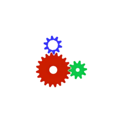 Three interlocking gears in red, blue, and green against a black background.