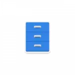 Blue three-drawer filing cabinet icon.