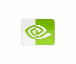 Rounded square app icon split white and lime green with an abstract eye logo in the center.