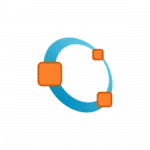 Circular blue arc with three orange squares, indicating data synchronization.