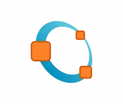 Circular blue arc with three orange squares, indicating data synchronization.