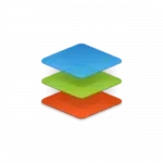 Icon of three stacked diamond layers in blue, green, and orange.