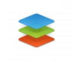 Icon of three stacked diamond layers in blue, green, and orange.