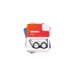 Stack of colorful papers with a pair of reading glasses on top