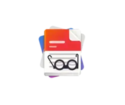 Stack of colorful papers with a pair of reading glasses on top