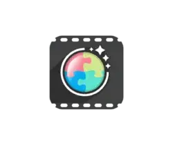 Colorful globe made of interlocking puzzle pieces inside a circular frame with sparkling stars on a dark background.