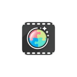 Colorful globe made of interlocking puzzle pieces inside a circular frame with sparkling stars on a dark background.